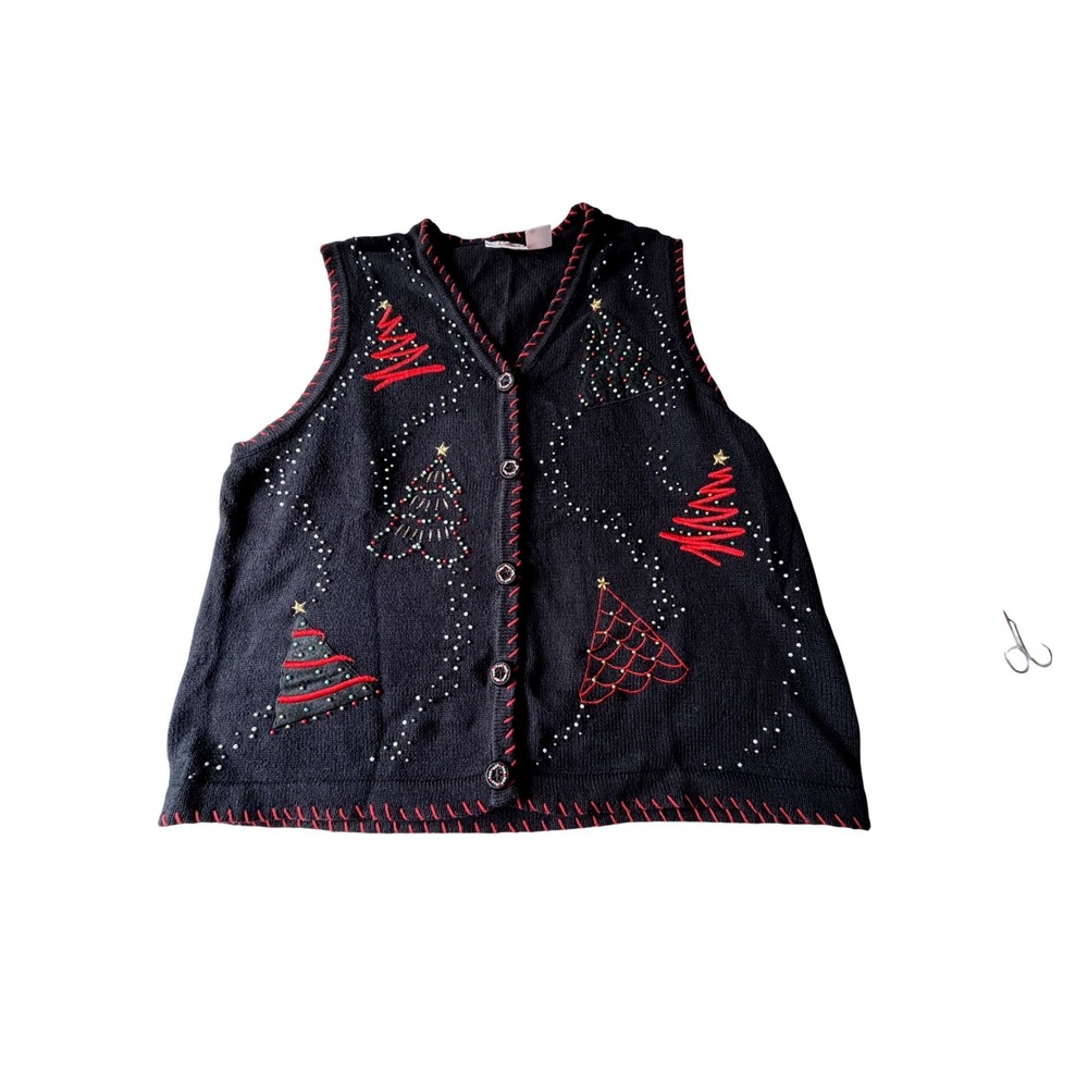 Basic Editions Holiday Christmas Tree Beaded Sweater Vest Black Womens 2X